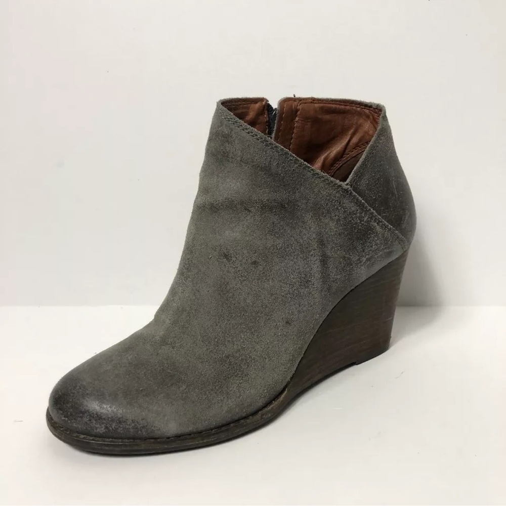 LUCKY BRAND Gray Stone Nubuck Suede Leather Yakeena Stacked Wedge Ankle Bootie